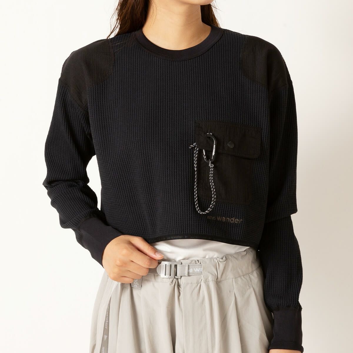 【極美品】アンドワンダー　PEワッフルショートレングスT　ブラック and wander アンドワンダー PEワッフルショートレングスT【ウィメンズ