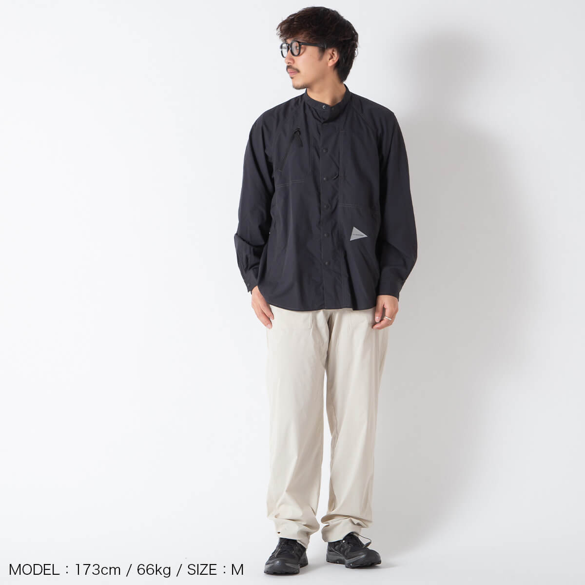 and wander アンドワンダー ストレッチリップバンドカラーシャツ