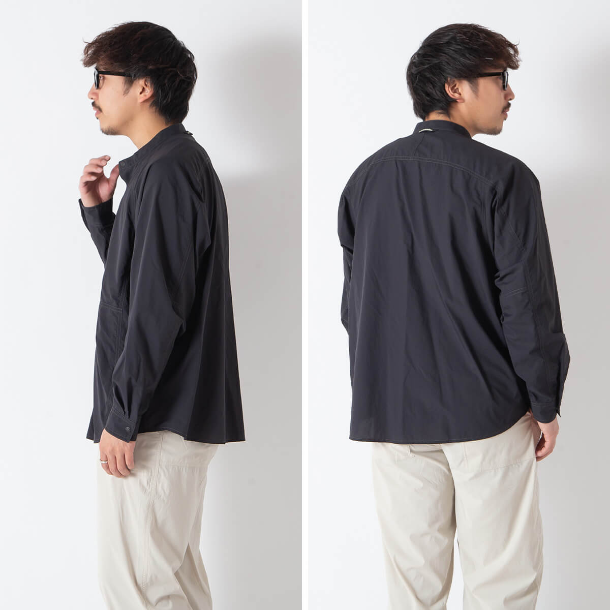 and wander アンドワンダー ストレッチリップバンドカラーシャツ